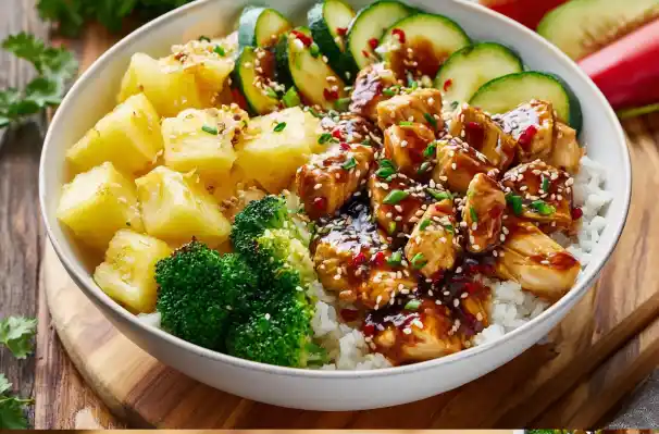 Chicken Teriyaki Pineapple Bowl served with colorful vegetables and rice