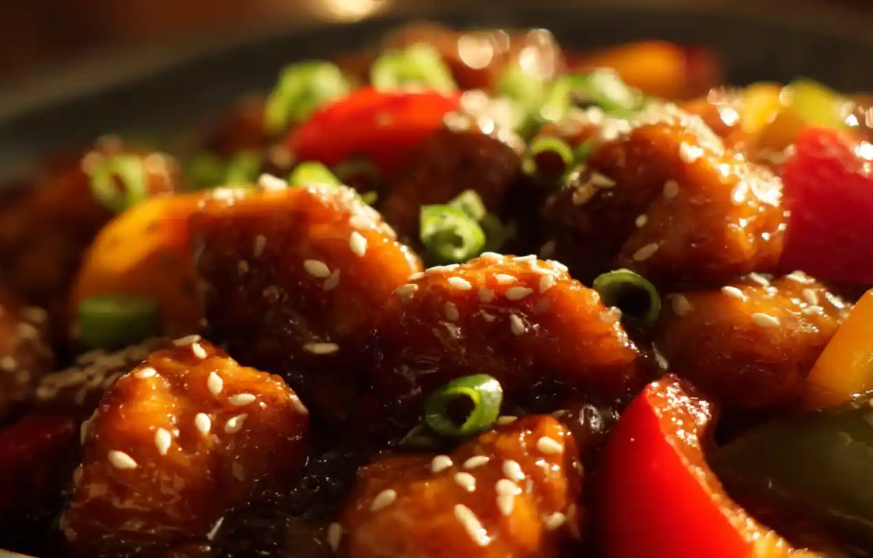 Delicious Sweet and Sour Chicken served on a plate with colorful vegetables