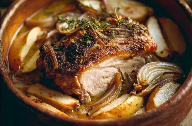 Delicious apple cider braised pork shoulder served with fresh herbs.
