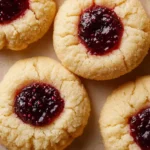 Soft Christmas thumbprint cookies filled with jam on a festive plate.