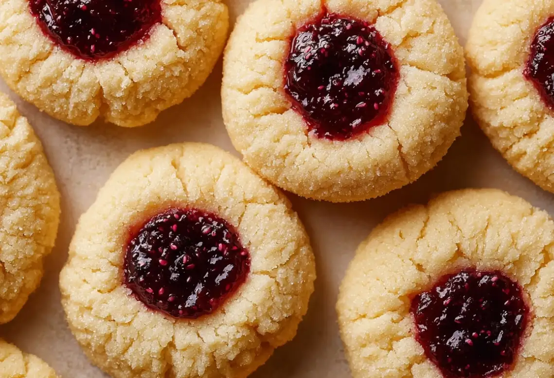 Soft Christmas thumbprint cookies filled with jam on a festive plate.