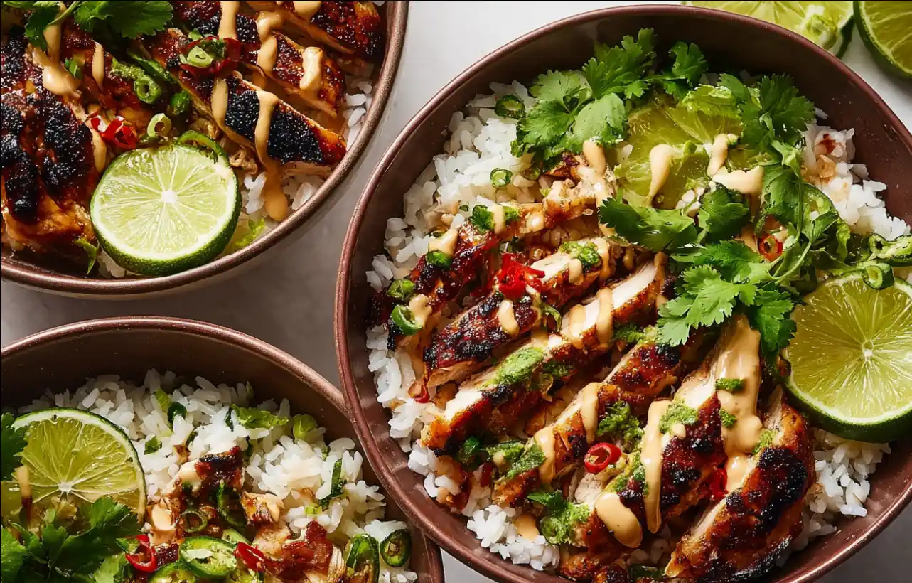 Sweet Chili Chicken Bowl with Coconut Lime Drizzle served in a bowl.