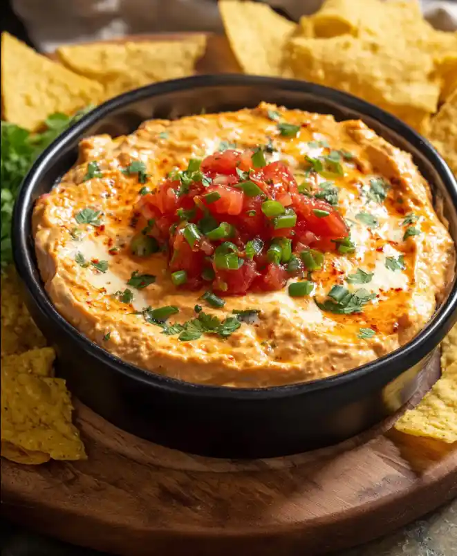 Cream Cheese Salsa Dip served in a bowl with tortilla chips on the side