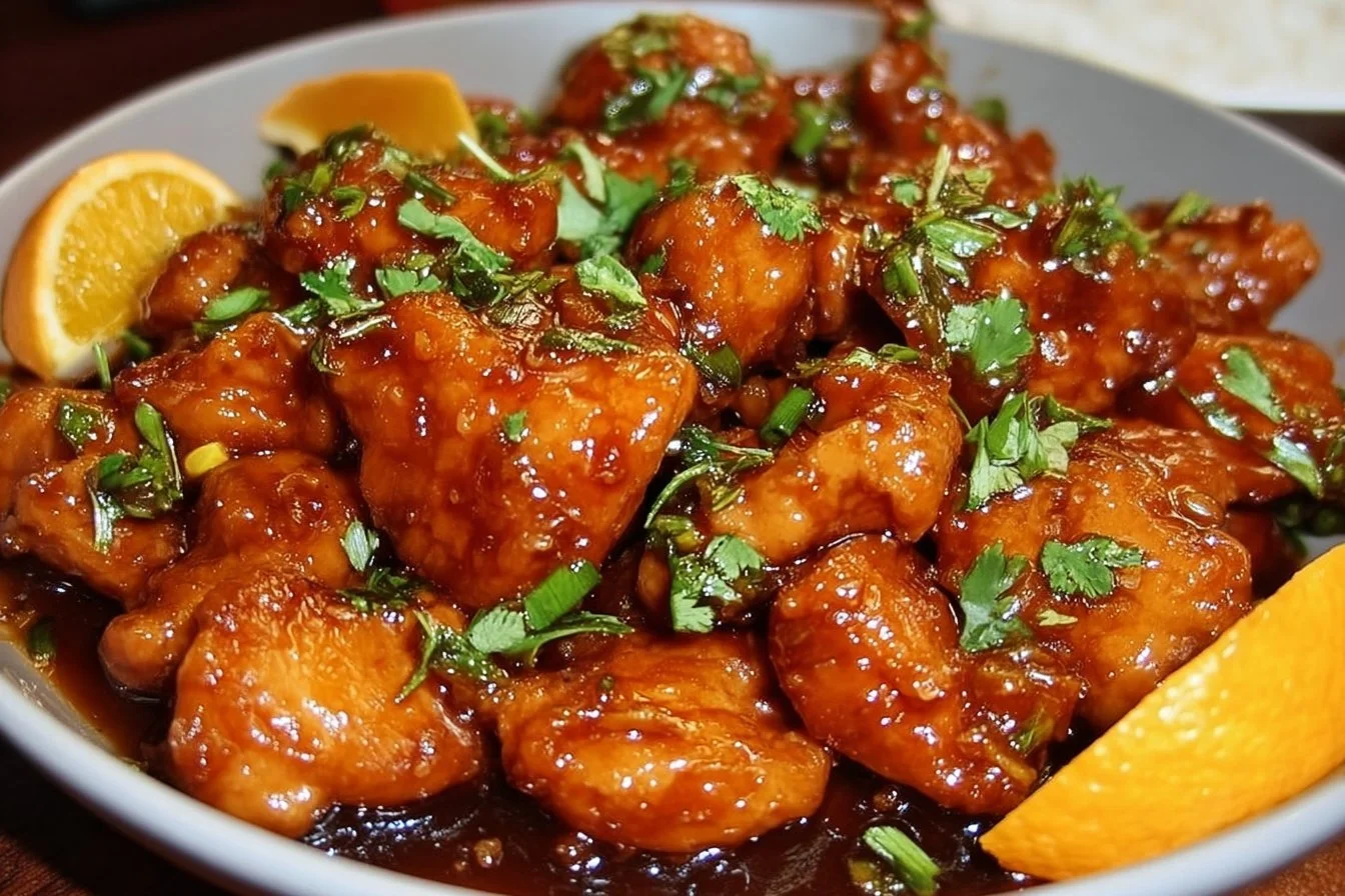Plate of Asian Glazed Orange Chicken garnished with green onions
