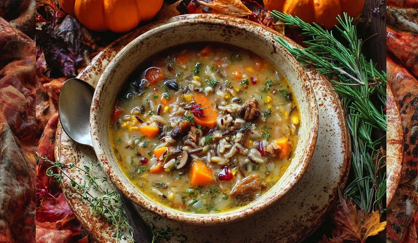 A bowl of delicious Autumn Wild Rice Soup with fresh vegetables and herbs