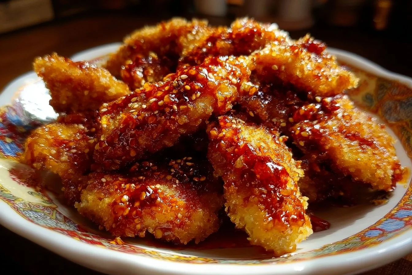 Baked crunchy hot honey chicken dish garnished with herbs