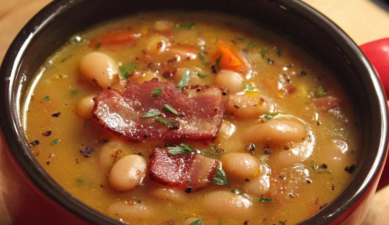 Delicious bowl of Bean with Bacon Soup topped with herbs.