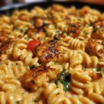Cajun Garlic Chicken Rotini Skillet served in a pan with colorful vegetables