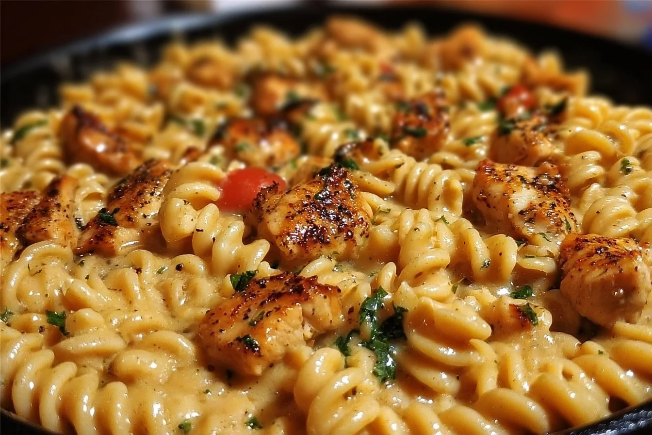 Cajun Garlic Chicken Rotini Skillet served in a pan with colorful vegetables