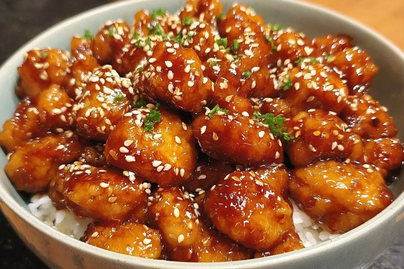 Delicious caramelized sesame chicken garnished with sesame seeds and green onions