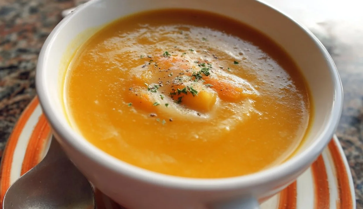 Bowl of delicious carrot potato soup garnished with fresh herbs