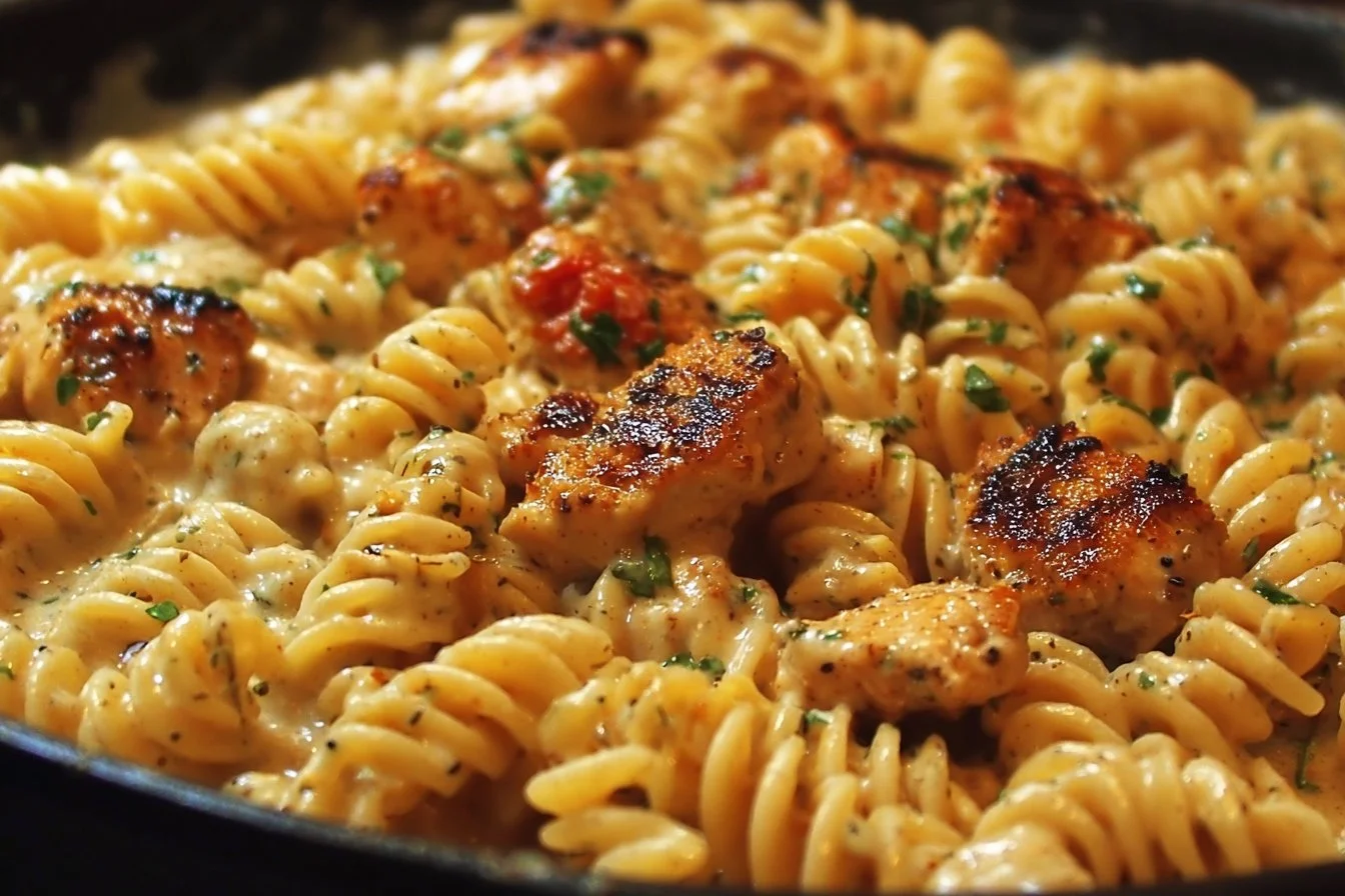 Cheesy Cajun Garlic Chicken Rotini Skillet topped with fresh herbs and cheese