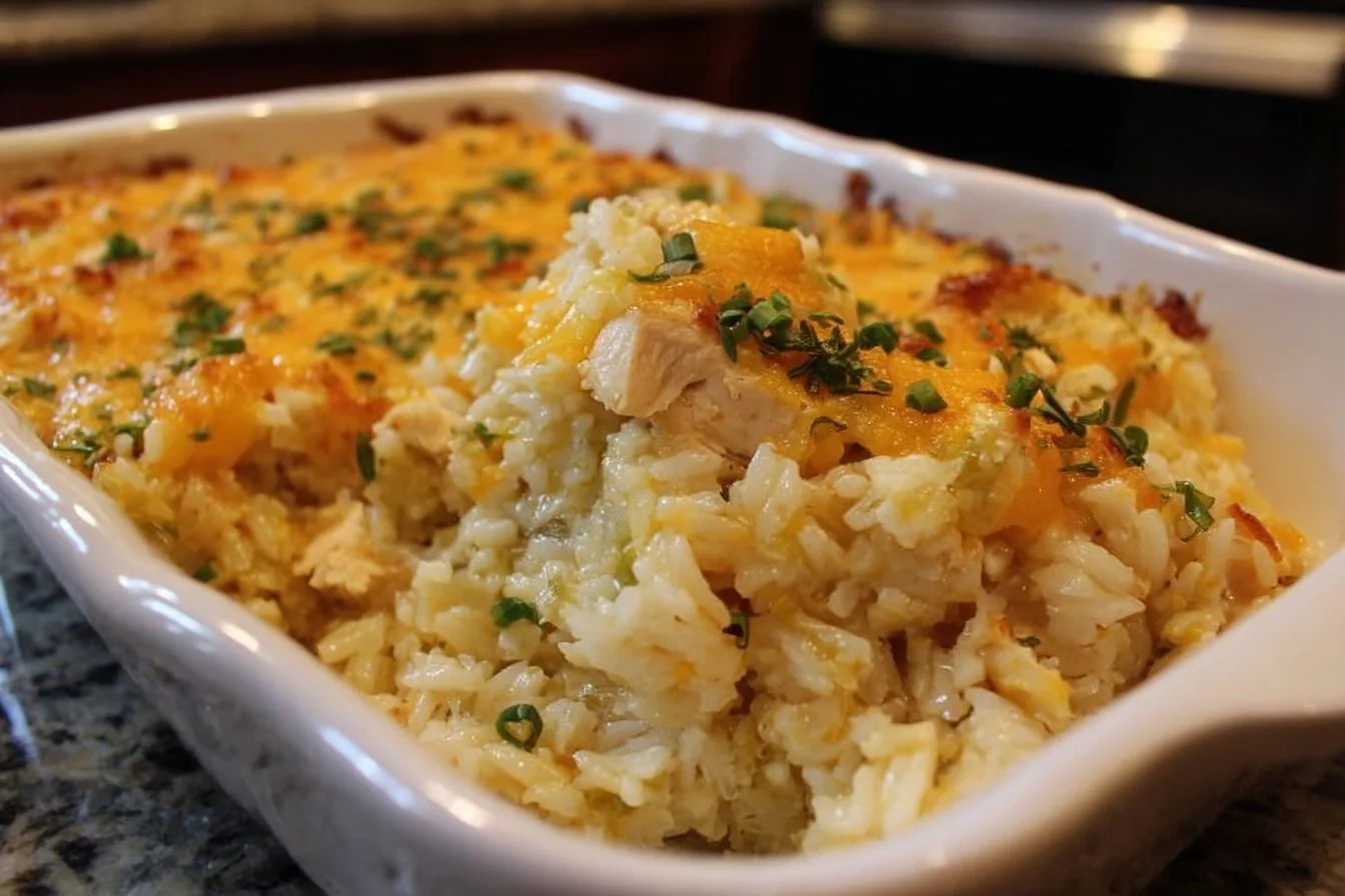 Delicious chicken rice casserole topped with cheese and herbs, perfect for family meals.