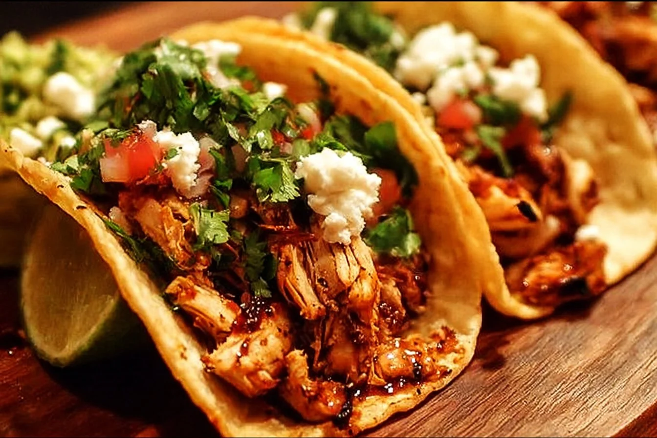 Delicious Chicken Street Tacos served with fresh toppings and salsa.
