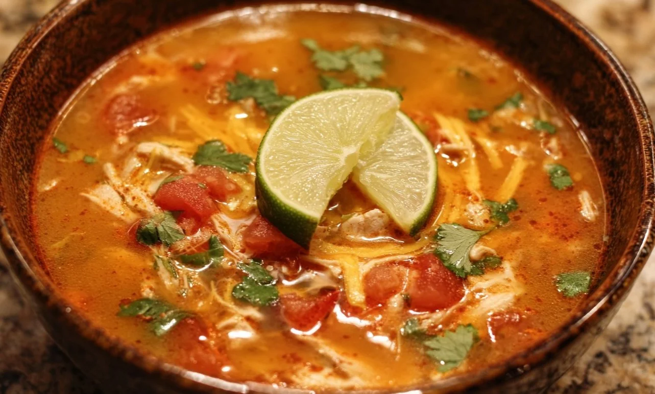 Bowl of Chicken Tortilla Soup garnished with tortilla chips and herbs
