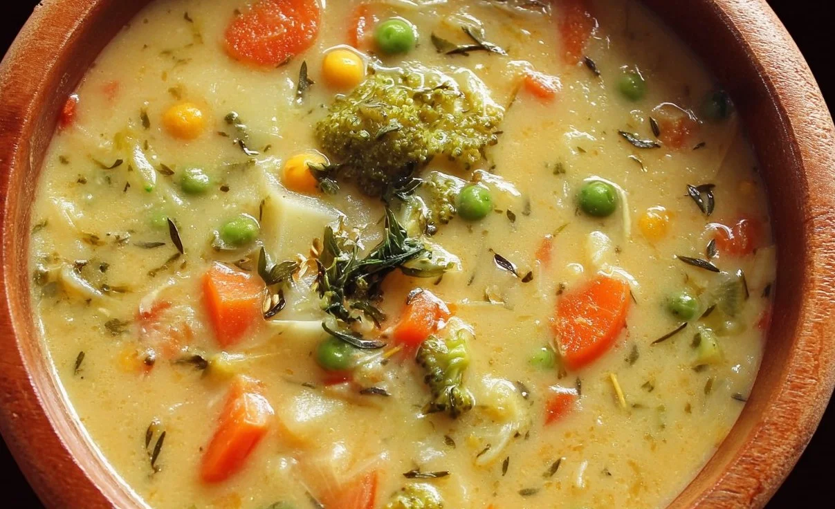 Bowl of comforting one-pot creamy vegetable soup with fresh vegetables