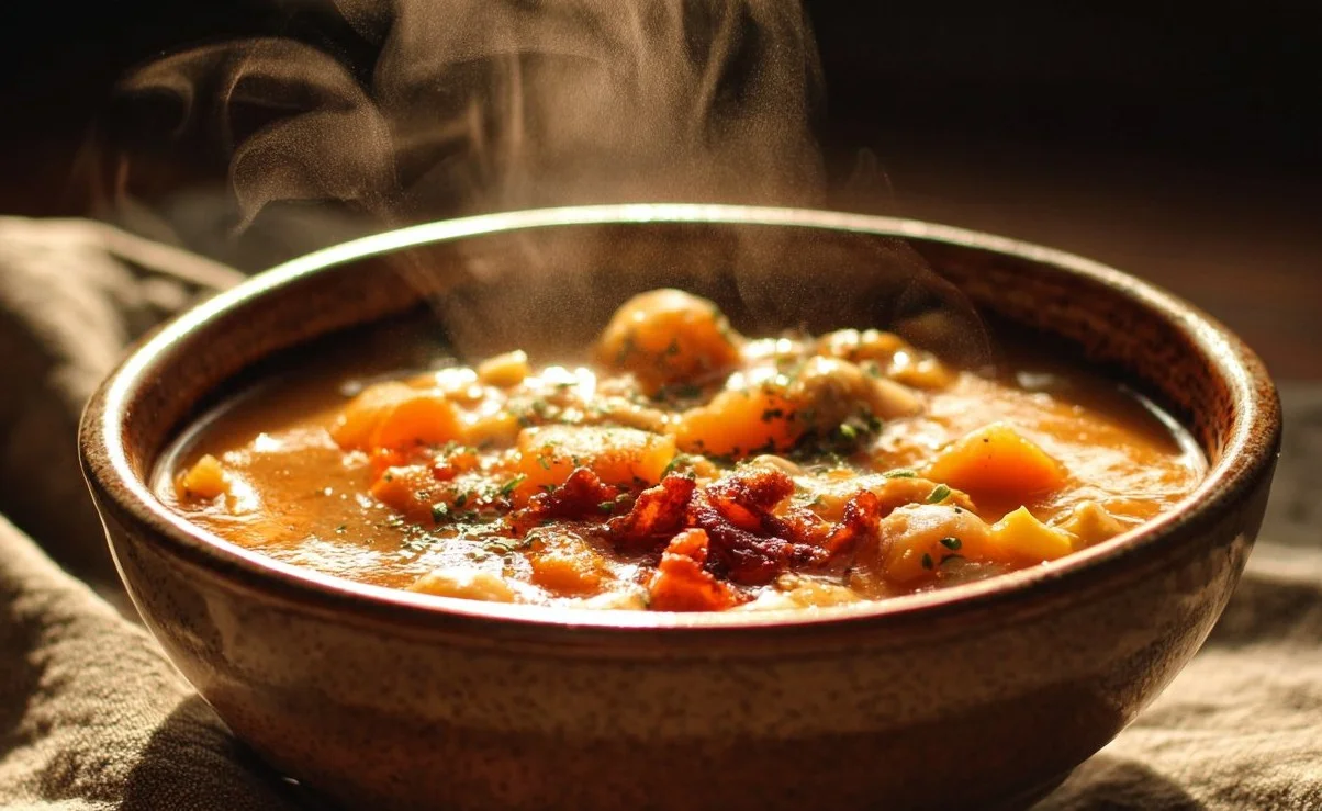 Bowl of Cozy Crockpot Soup with vegetables and herbs