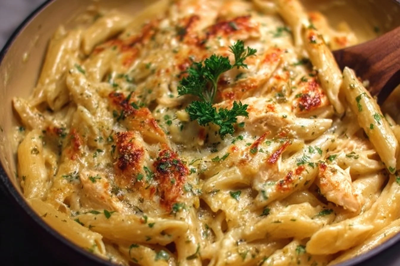 Delicious Crack Chicken Penne ready to serve in a bowl