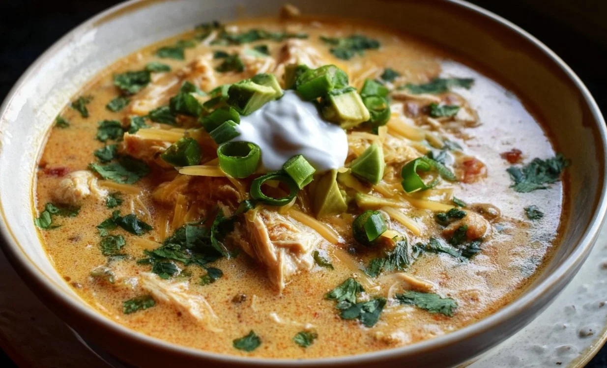 Bowl of creamy chicken enchilada soup topped with cheese and cilantro