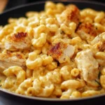 Creamy Chicken Mac and Cheese served in a bowl with herbs on top