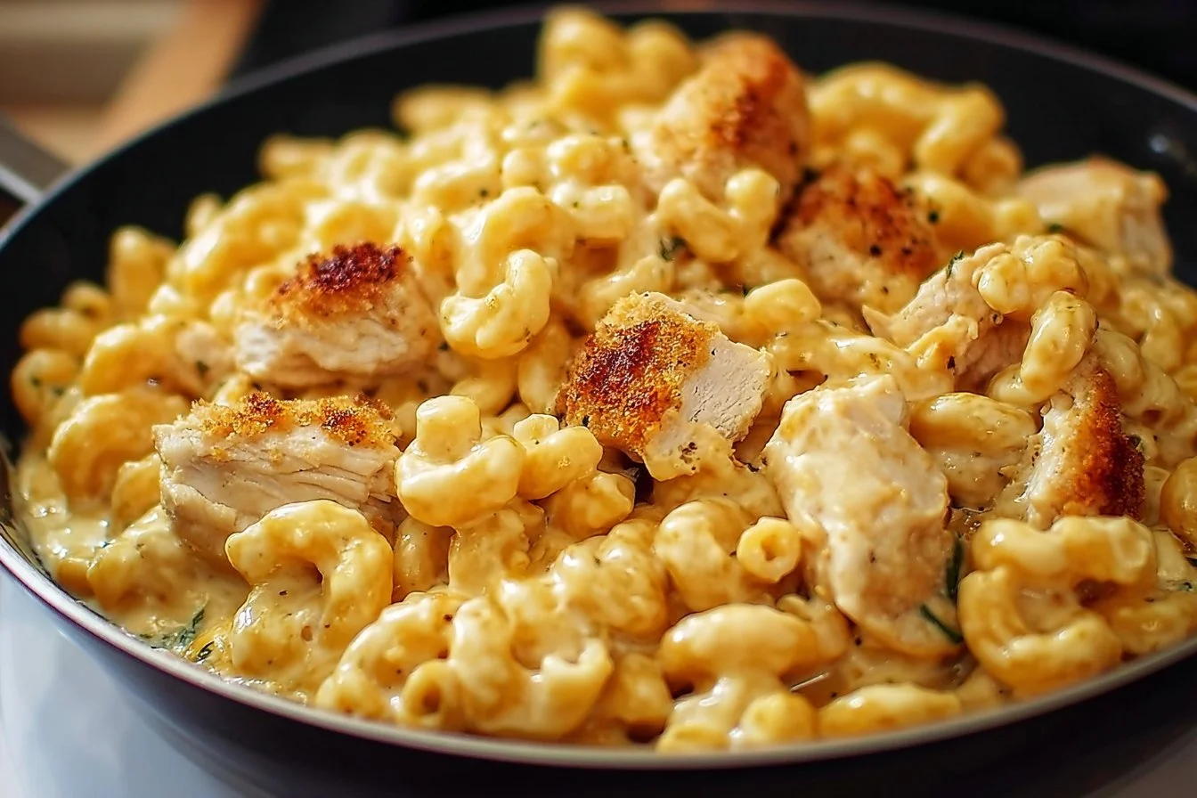 Creamy Chicken Mac and Cheese served in a bowl with herbs on top