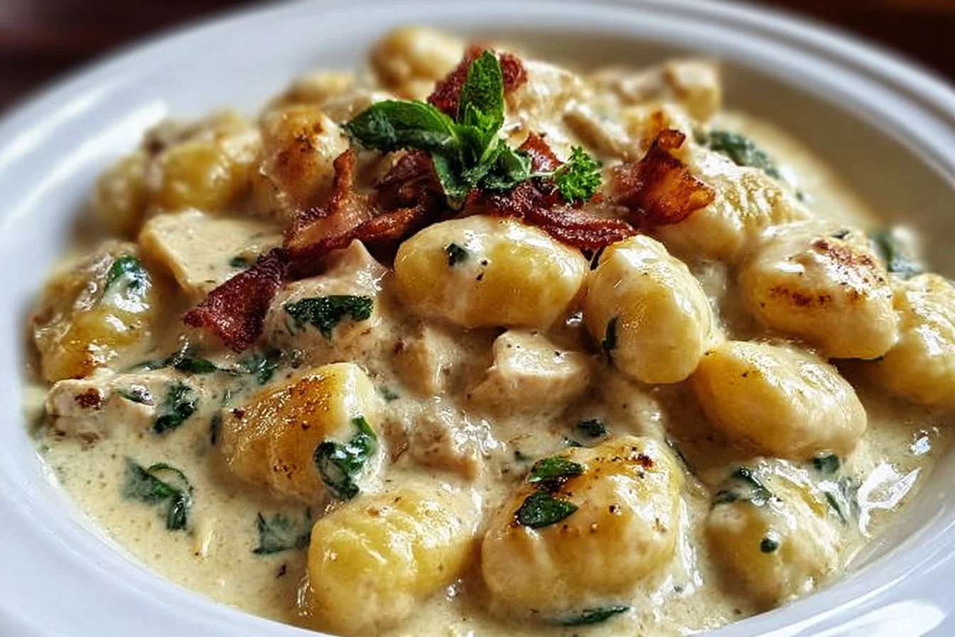 Bowl of creamy Crack Chicken Gnocchi garnished with herbs and cheese