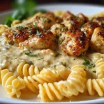 Creamy garlic butter chicken served with rotini pasta in a bowl