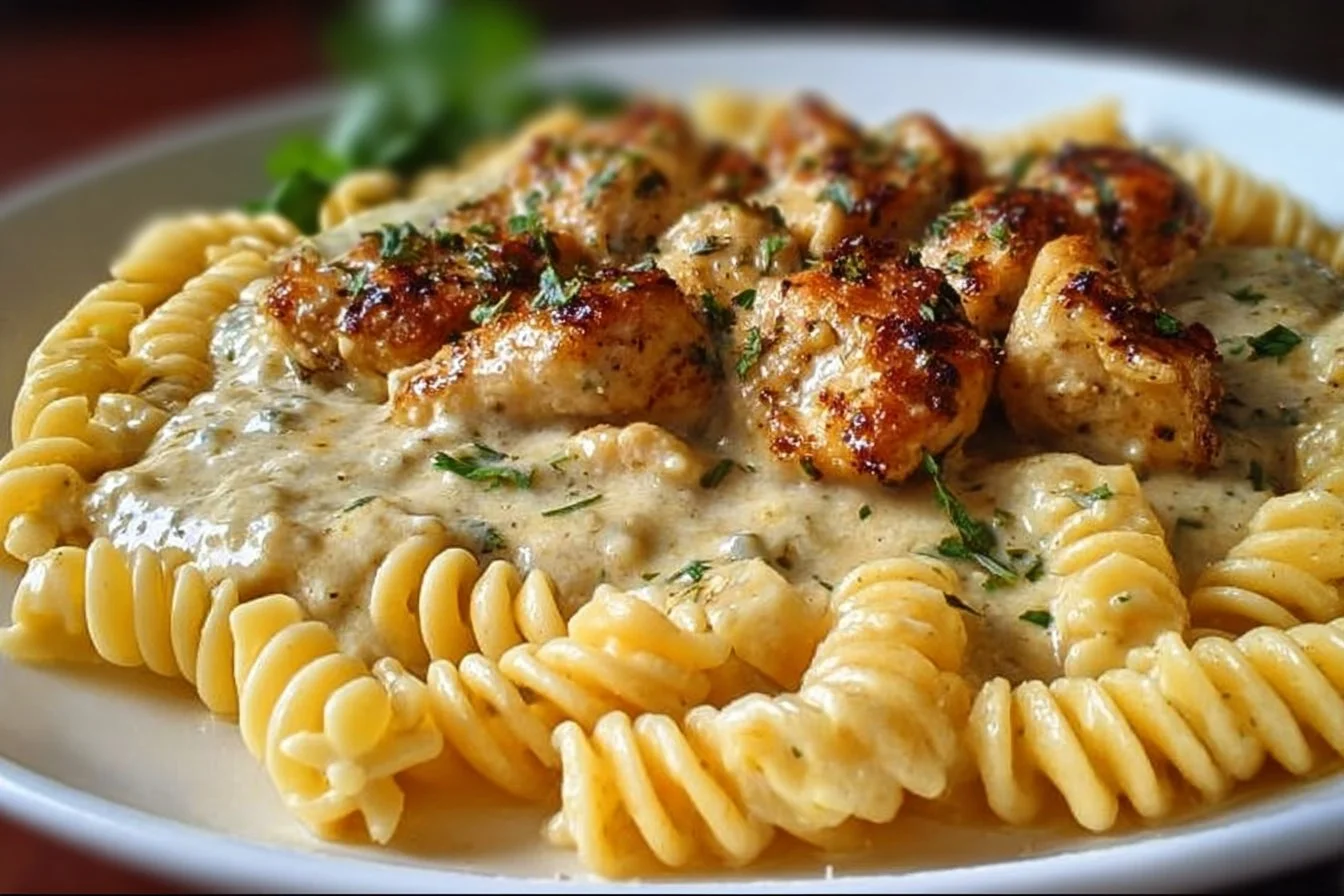Creamy garlic butter chicken served with rotini pasta in a bowl
