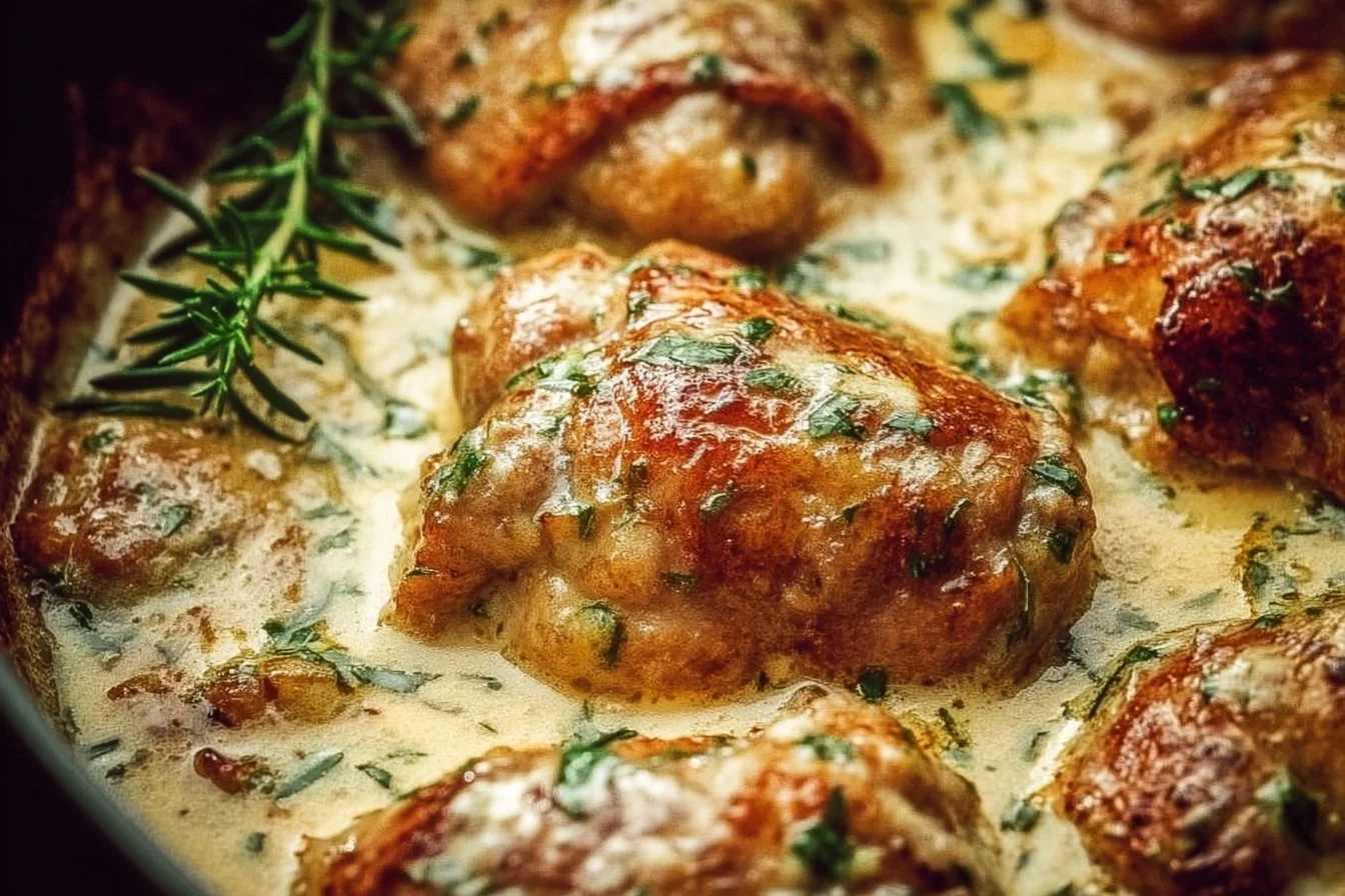 Creamy oven-baked chicken thighs garnished and served with vegetables.
