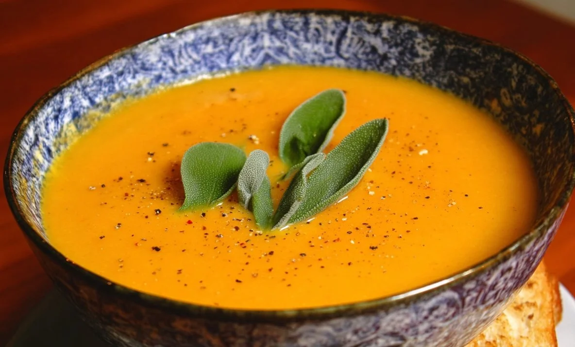 Creamy roasted veggie soup in a bowl garnished with fresh herbs