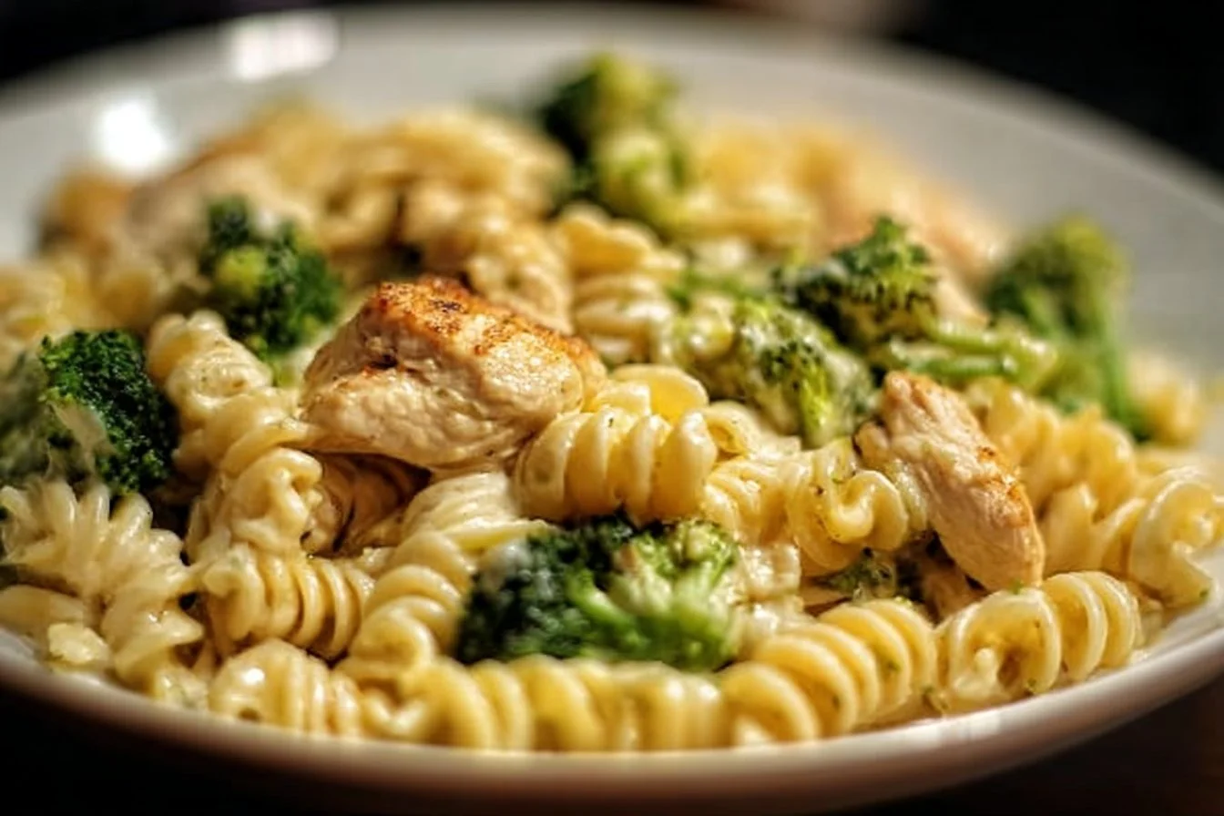 Creamy rotisserie chicken pasta with broccoli in a bowl