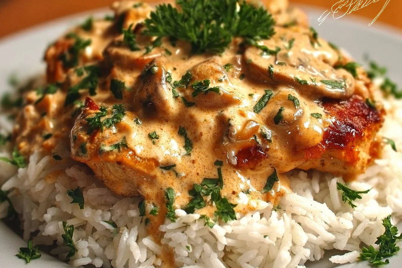 Creamy smothered chicken served over rice with a savory sauce