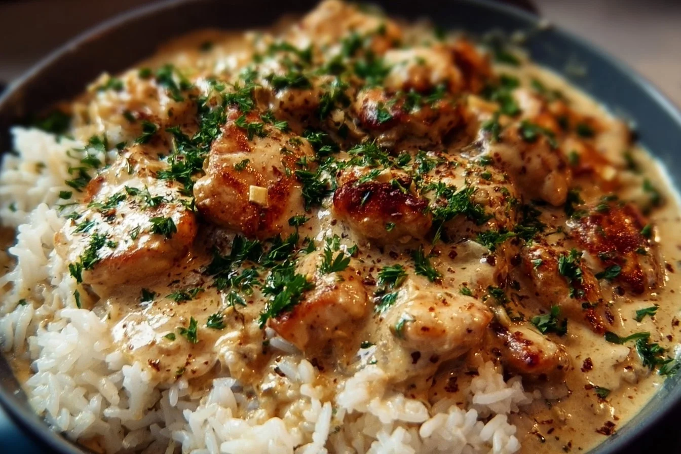 Bowl of creamy smothered chicken served over fluffy rice