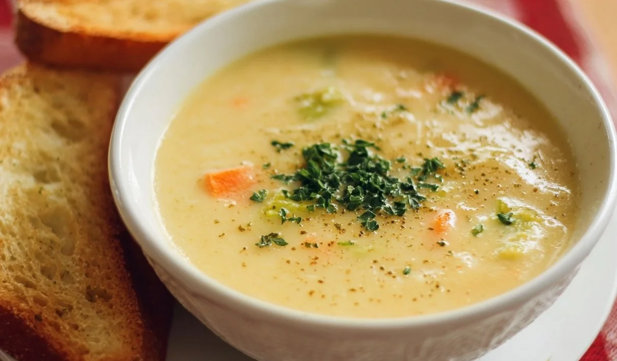 A bowl of creamy vegetable soup topped with fresh herbs and colorful vegetables