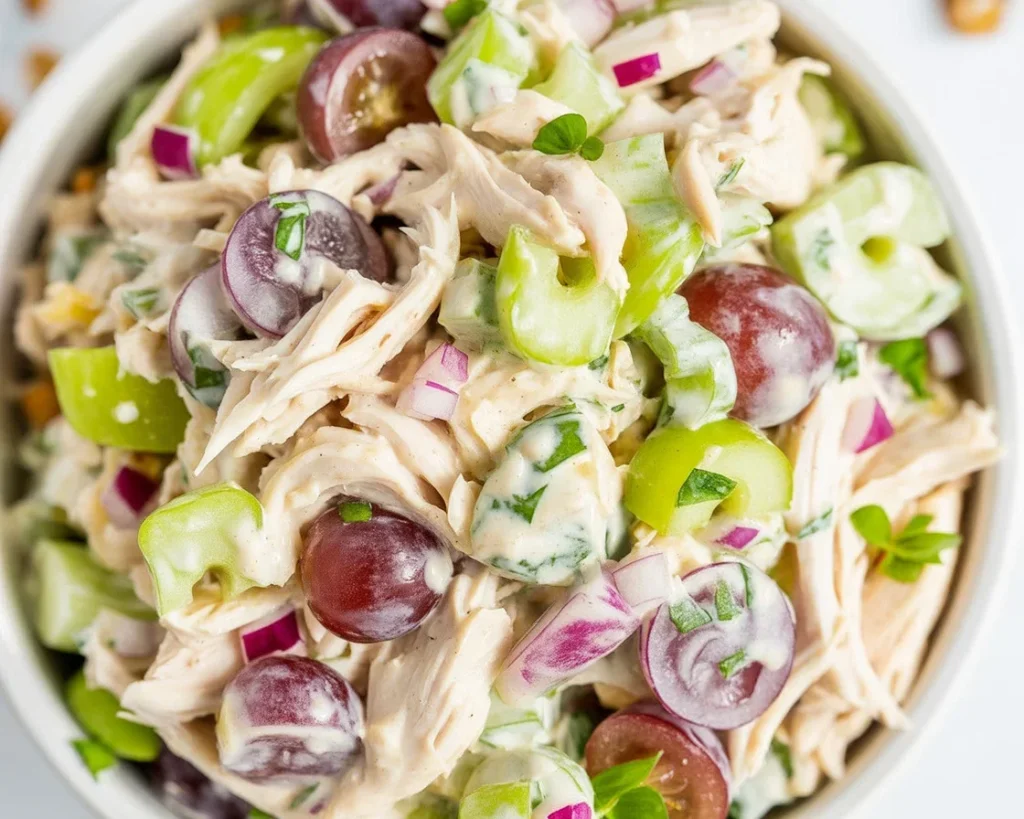 Healthy Greek Yogurt Chicken Salad with celery, onion, and almonds in a bowl.