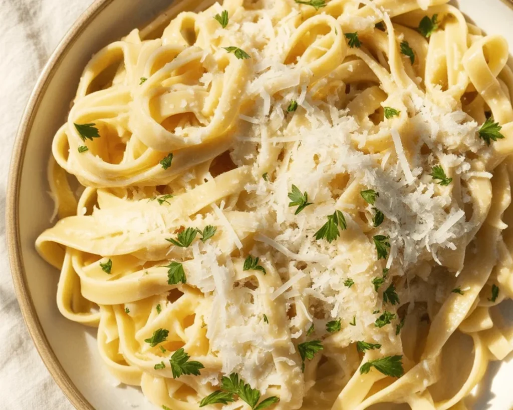 Delicious plate of creamy Chicken Alfredo Pasta with juicy chicken and fettuccine.