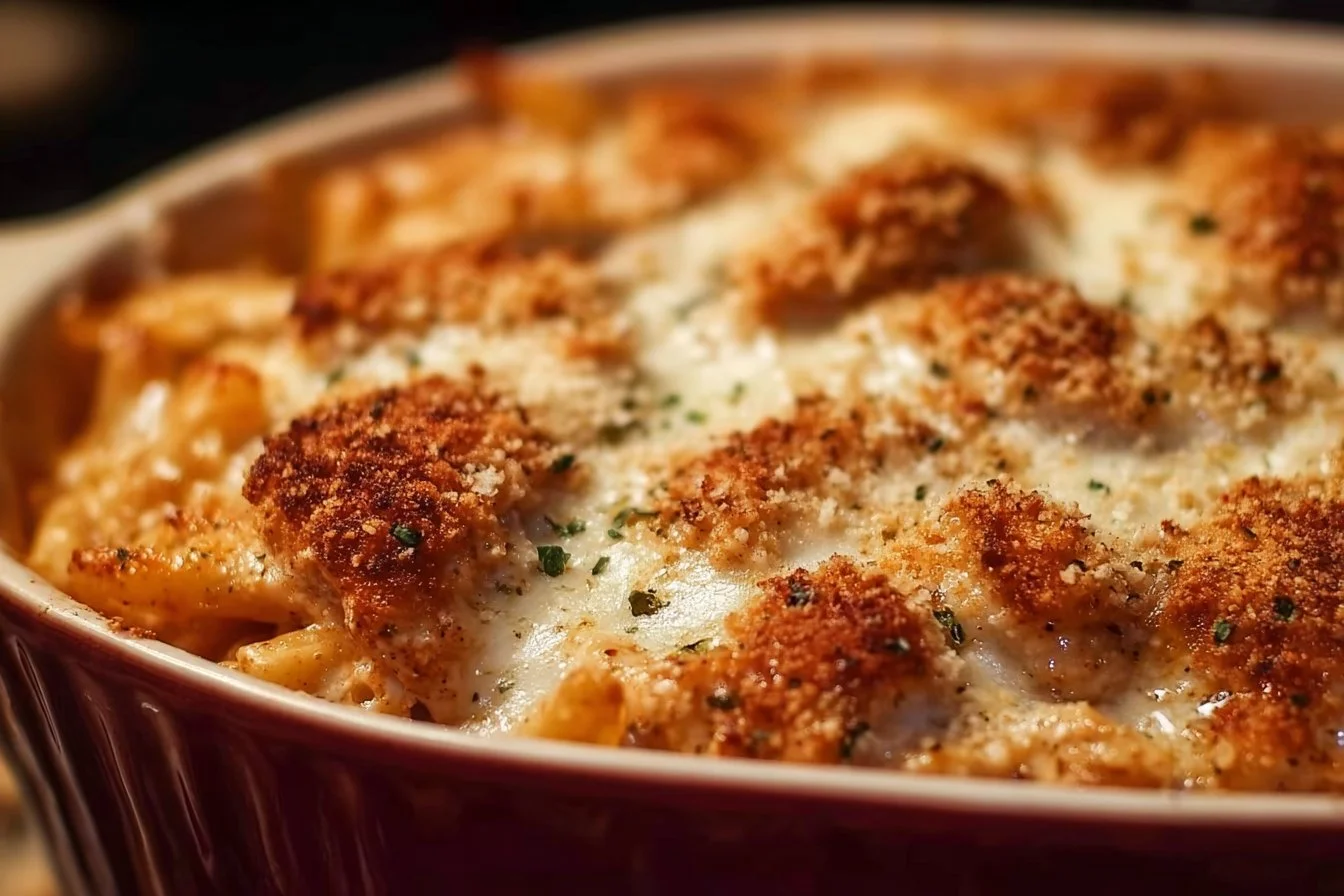 Delicious Dump-and-Bake Chicken Parmesan Casserole ready to serve