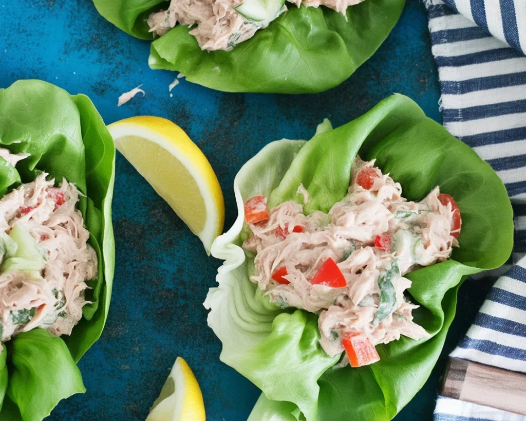 Healthy Tuna Salad Lettuce Wraps served on fresh romaine with colorful veggies.