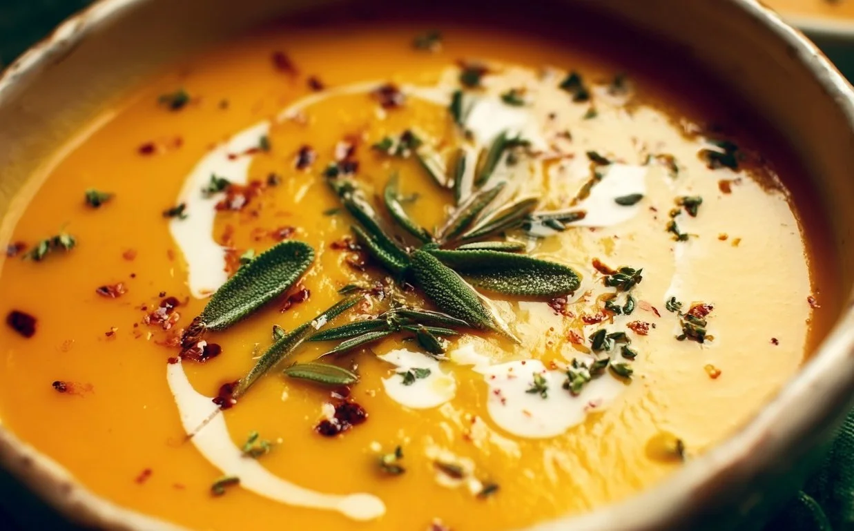 Bowl of creamy butternut squash and sweet potato soup garnished with herbs.