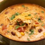 Bowl of easy Chicken Taco Soup topped with cheese and cilantro