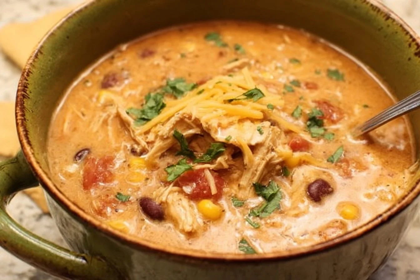 Bowl of easy Chicken Taco Soup topped with cheese and cilantro