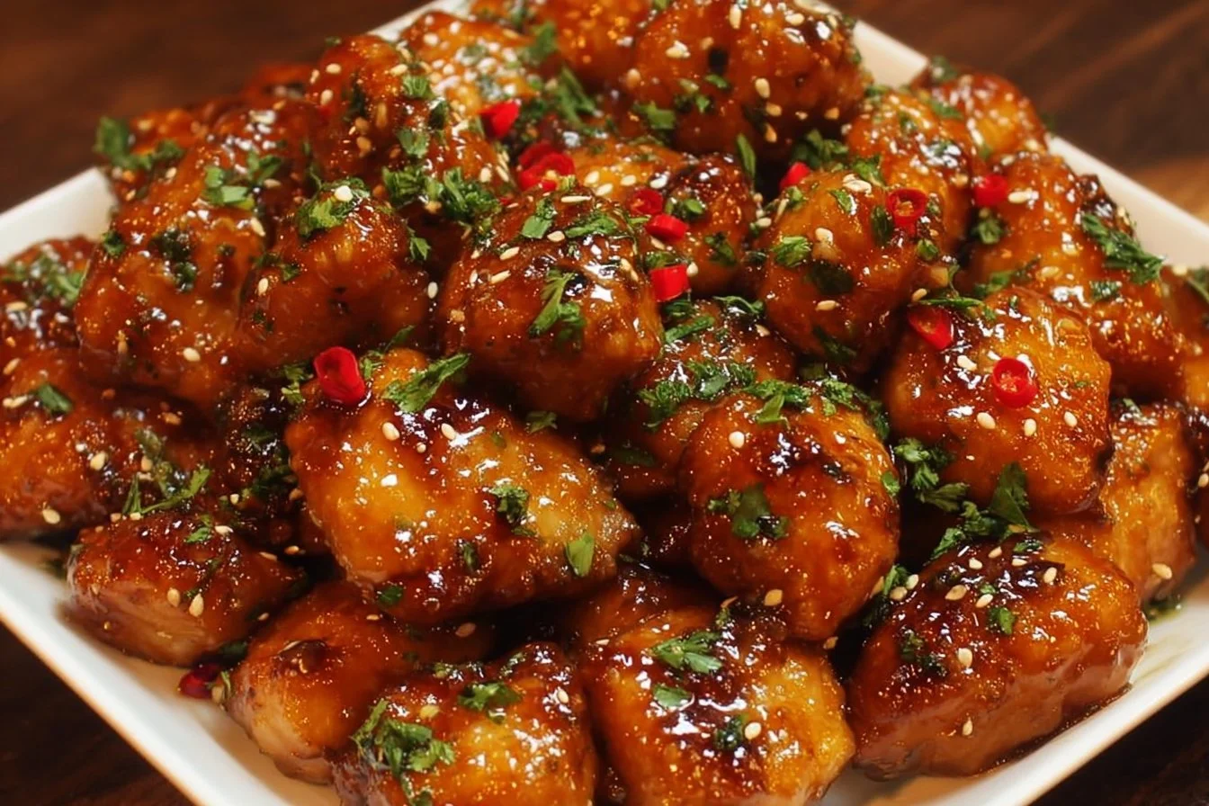 Delicious easy honey garlic chicken bites served with fresh herbs
