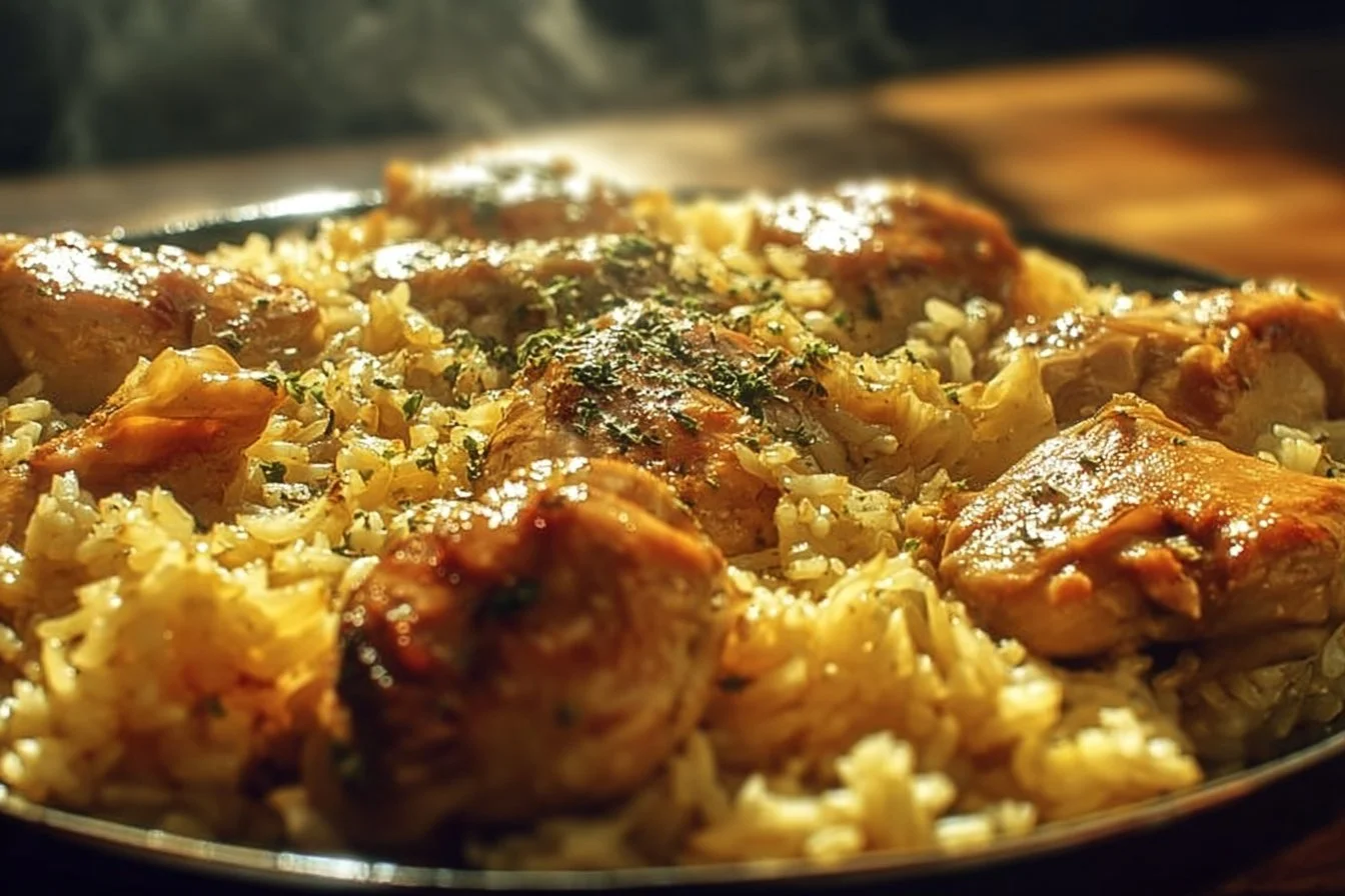 A delicious plate of forgotten Chicken and Rice with herbs