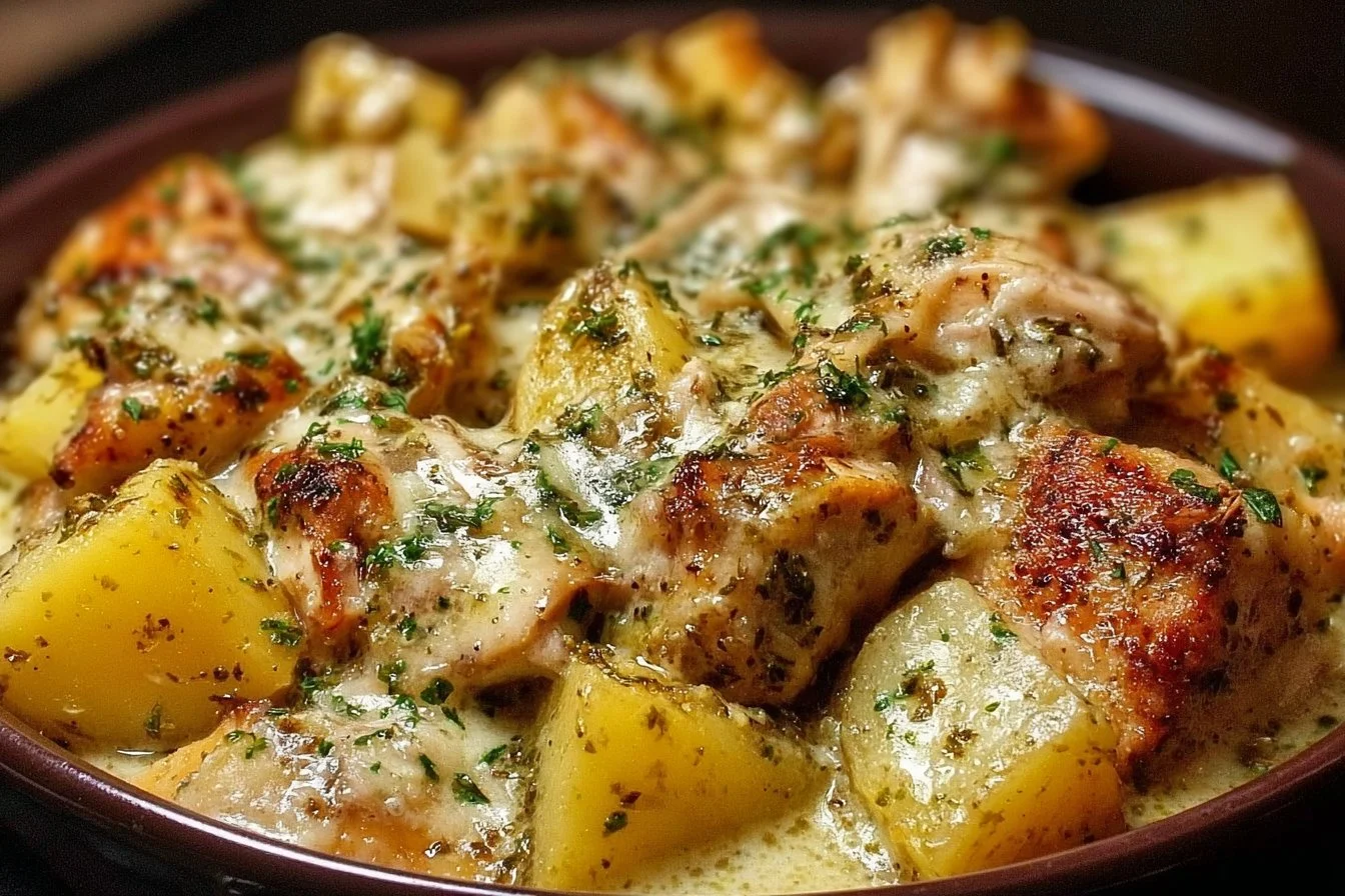 Delicious Garlic Parmesan Crockpot Chicken served with potatoes.