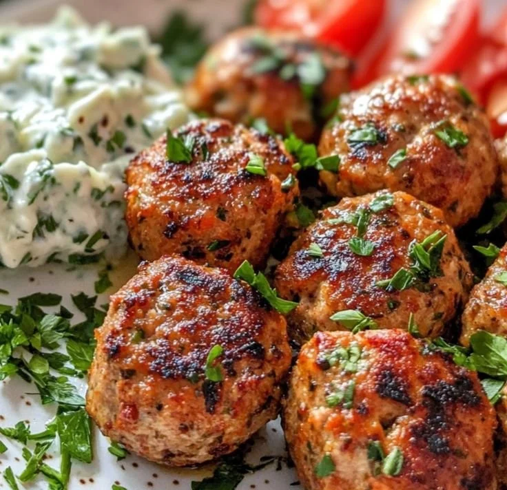 Delicious Greek Turkey Meatballs served with Tzatziki sauce