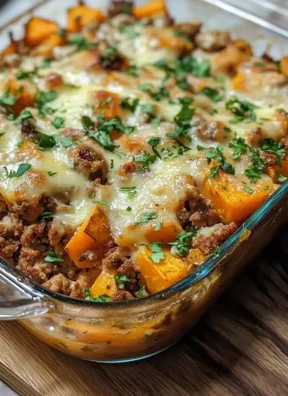 Delicious Ground Turkey Sweet Potato Bake topped with herbs and spices