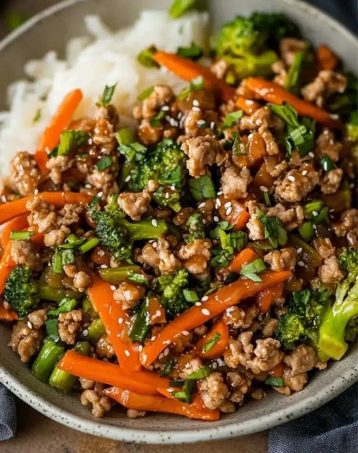 Plate of ground turkey teriyaki stir fry with vegetables and rice