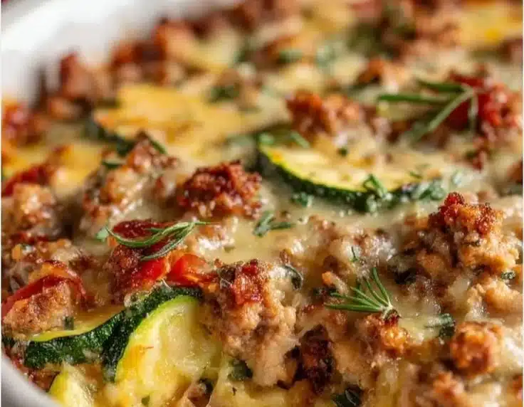 Healthy Ground Turkey Zucchini Casserole baked in a dish