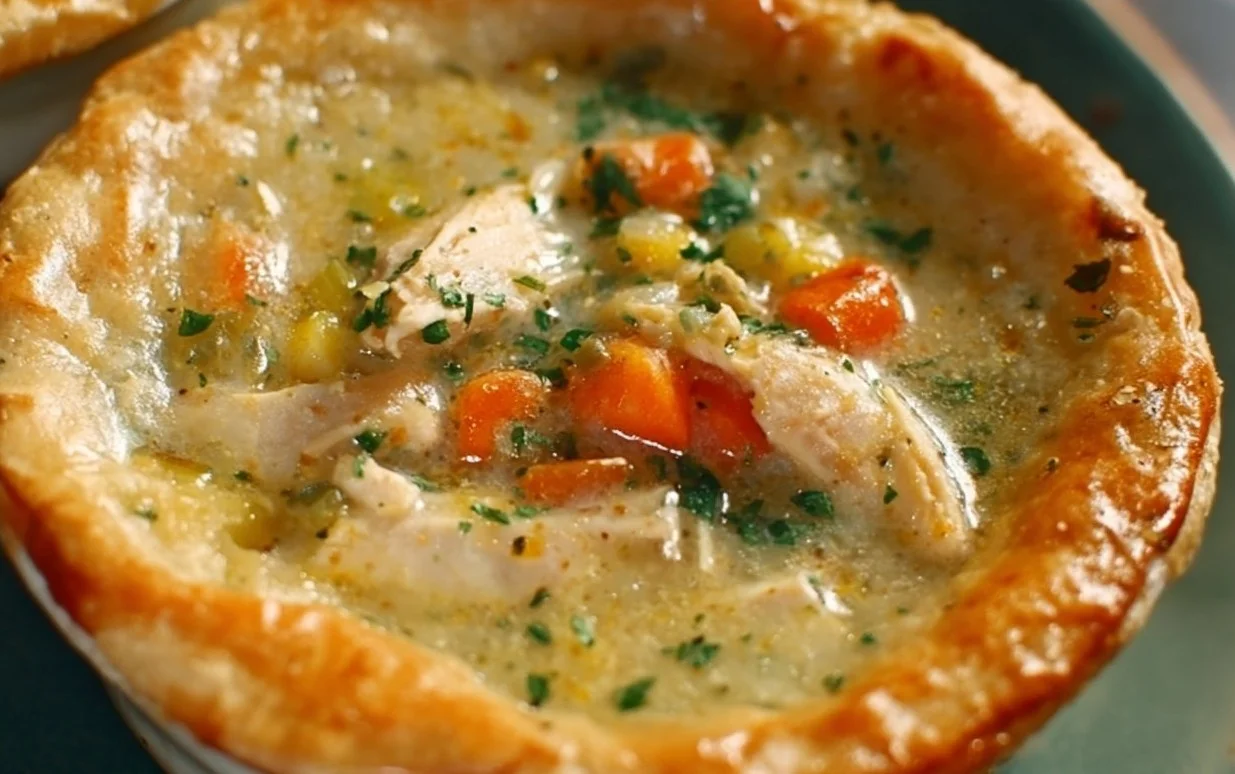 Bowl of healthy chicken pot pie soup garnished with herbs and vegetables