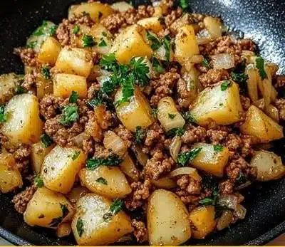 Hearty ground turkey dish with potatoes served in a bowl